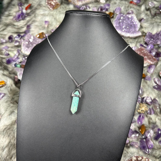 Amazonite Crystal Hexagonal Double Terminated Silver Stainless Steel Necklace