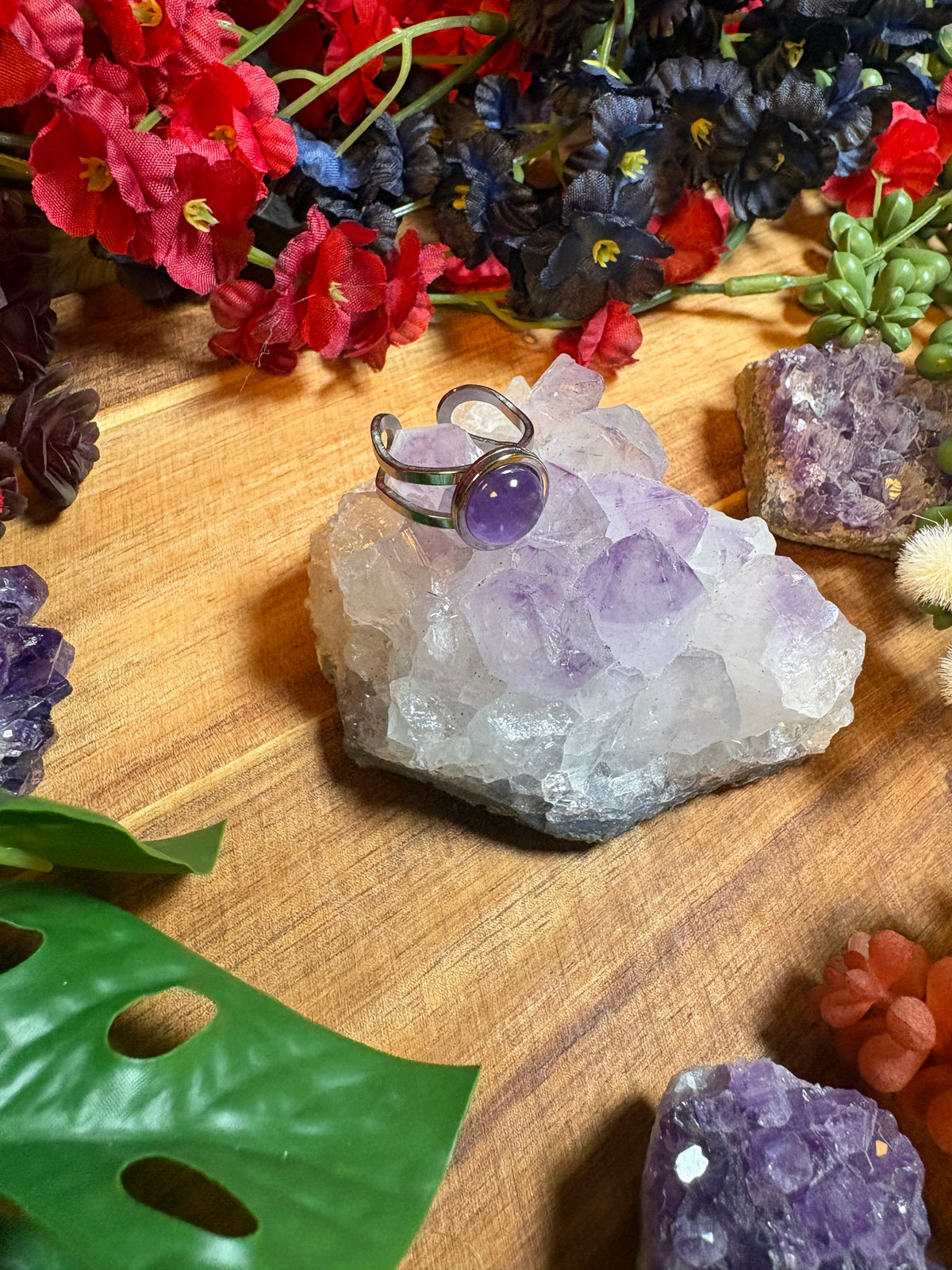 Amethyst SoulFire Silver Stainless Steel Adjustable Ring