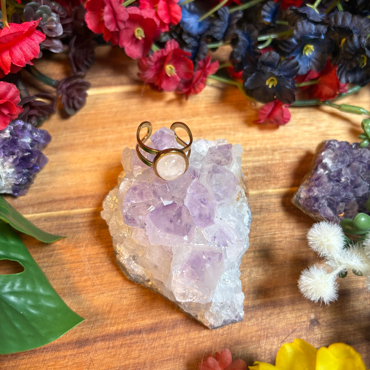 Rose Quartz Gold SoulFire Stainless Steel Adjustable Ring