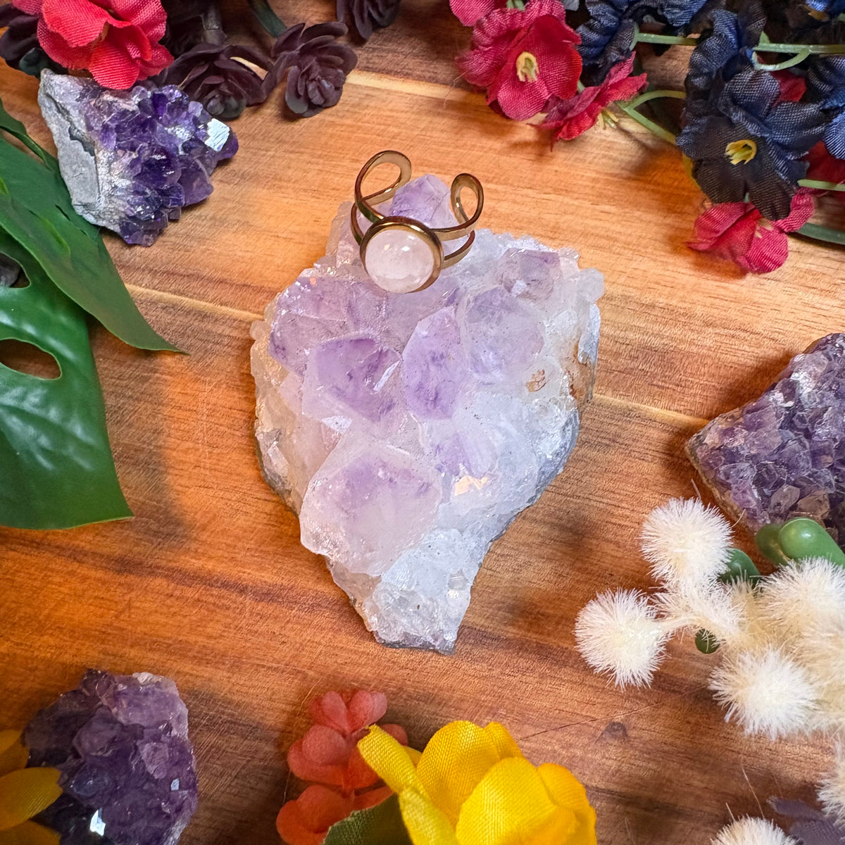 Rose Quartz Gold SoulFire Stainless Steel Adjustable Ring