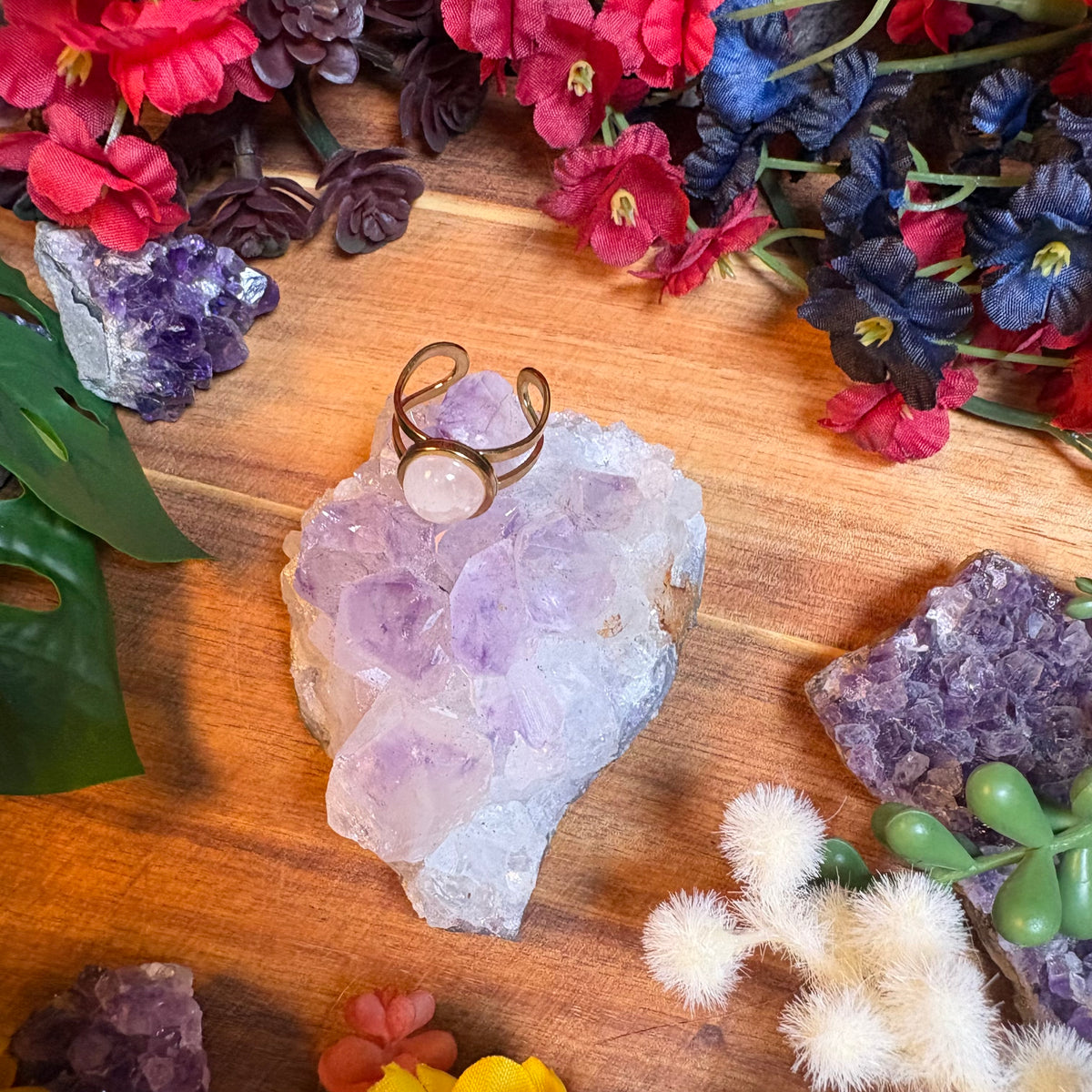 Rose Quartz Gold SoulFire Stainless Steel Adjustable Ring