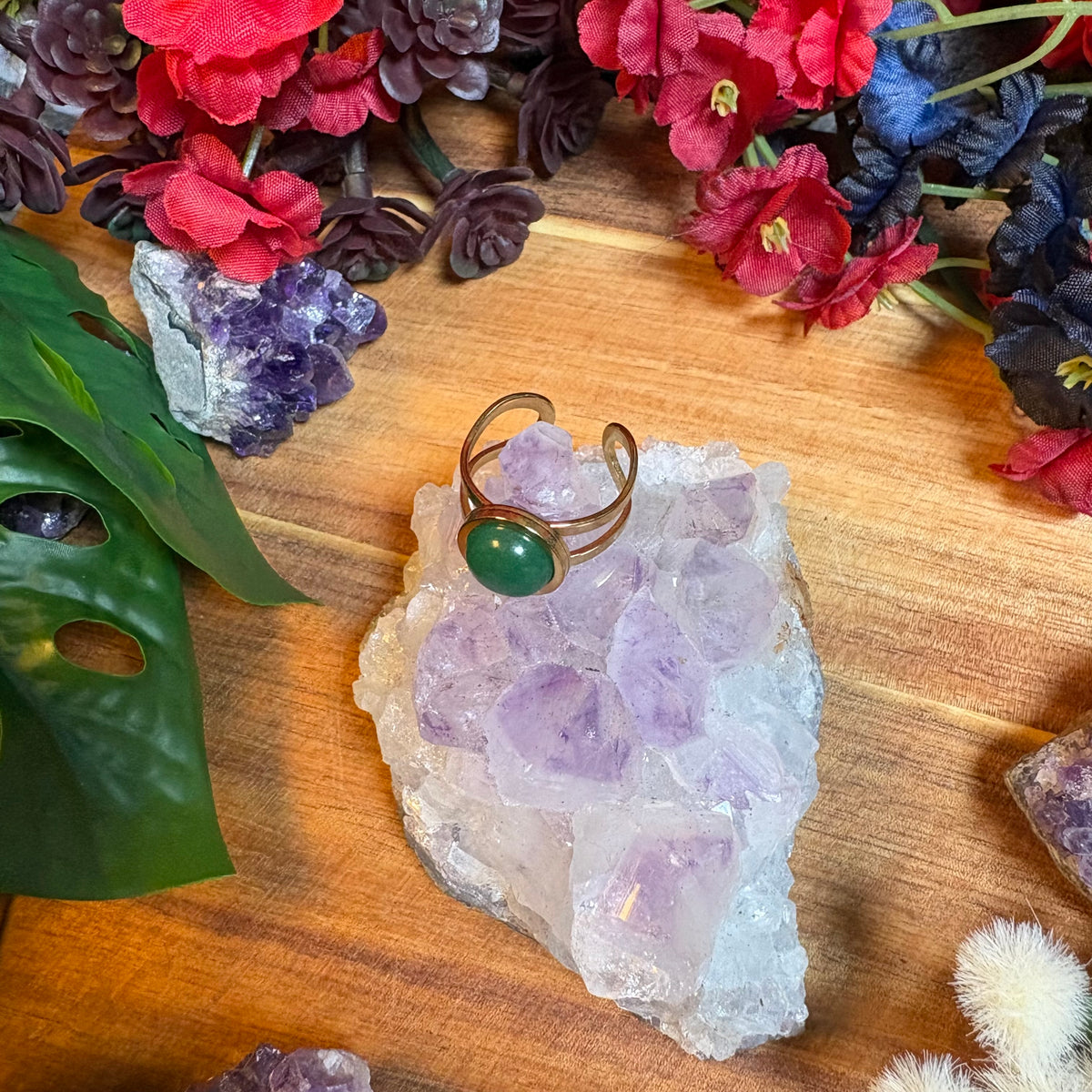 Green Aventurine Gold SoulFire Silver Stainless Steel Adjustable Ring