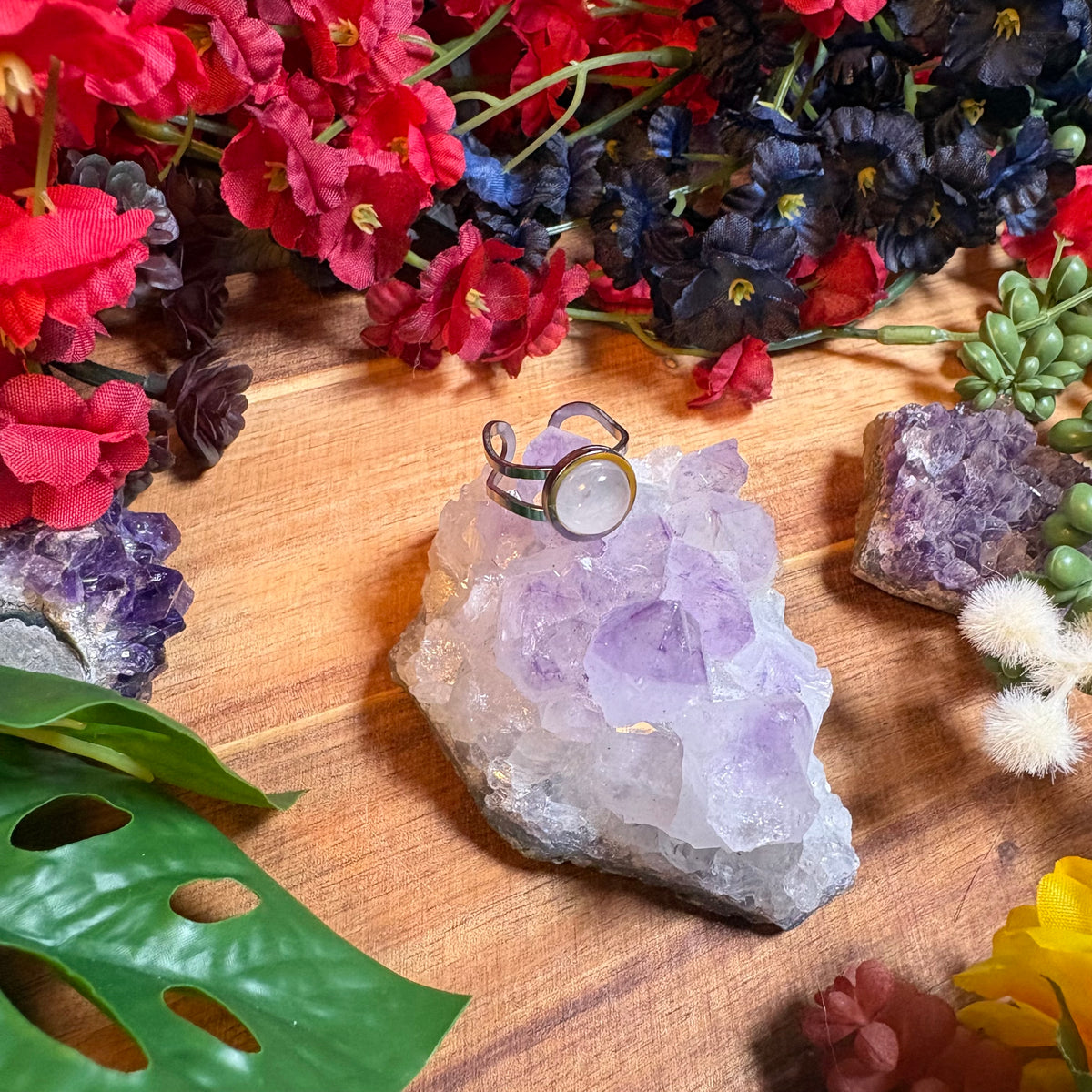 Rose Quartz Silver SoulFire Stainless Steel Adjustable Ring