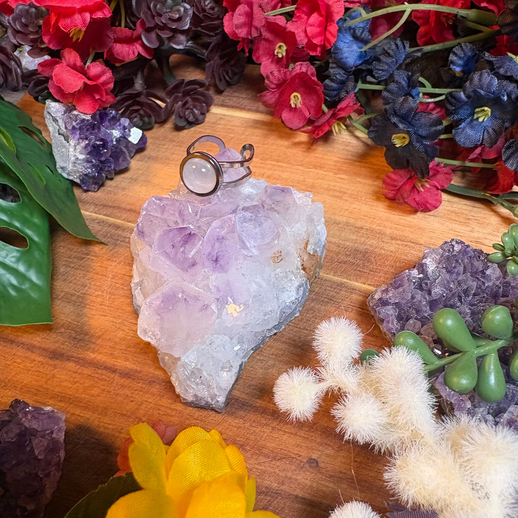 Rose Quartz Silver SoulFire Stainless Steel Adjustable Ring