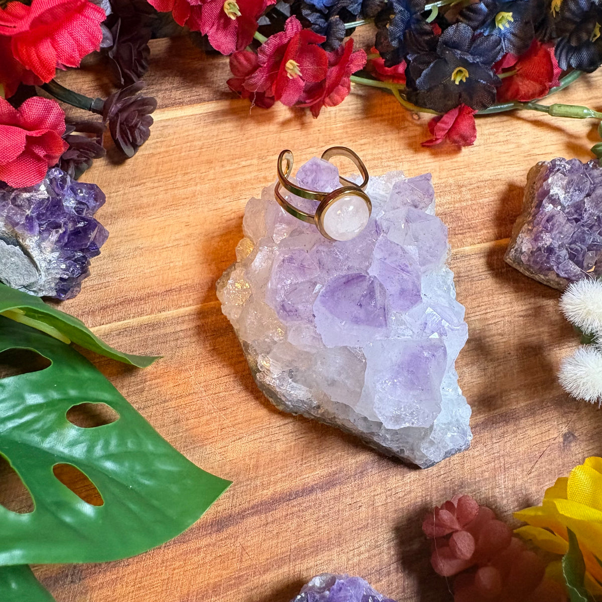 Rose Quartz Gold SoulFire Stainless Steel Adjustable Ring