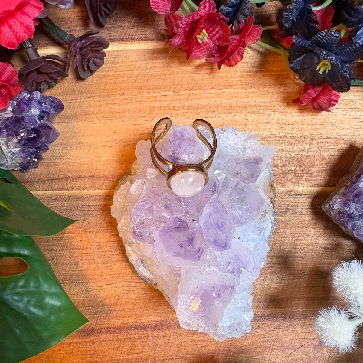 Rose Quartz Gold SoulFire Stainless Steel Adjustable Ring