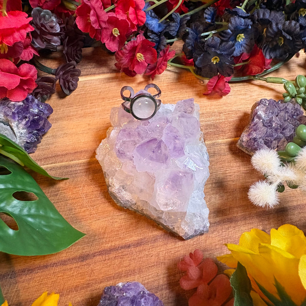 Rose Quartz Silver SoulFire Stainless Steel Adjustable Ring