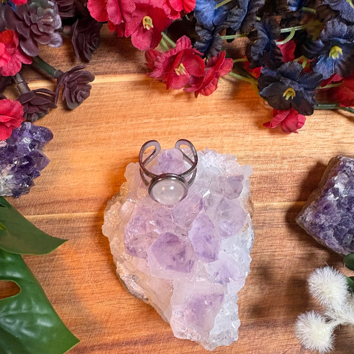 Rose Quartz Silver SoulFire Stainless Steel Adjustable Ring