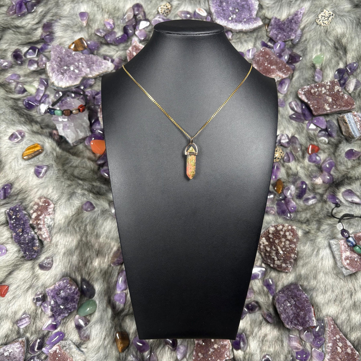 Hexagonal Double Terminated Unakite Crystal Necklace