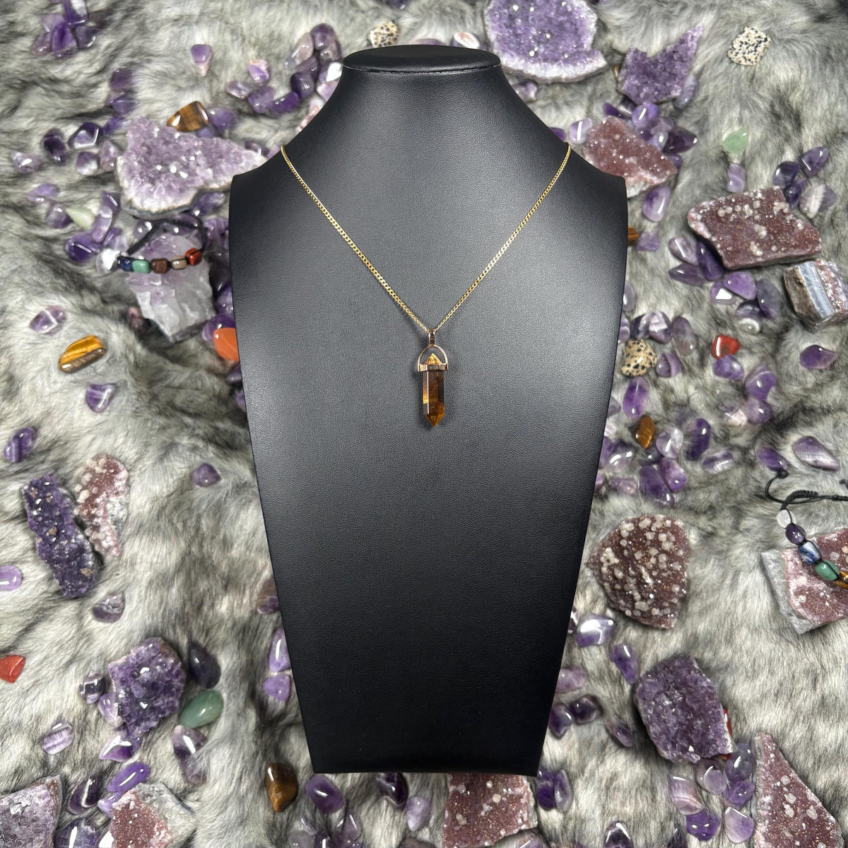 Tigers Eye Hexagonal Double-Terminated Gold Stainless Steel Chain Necklace