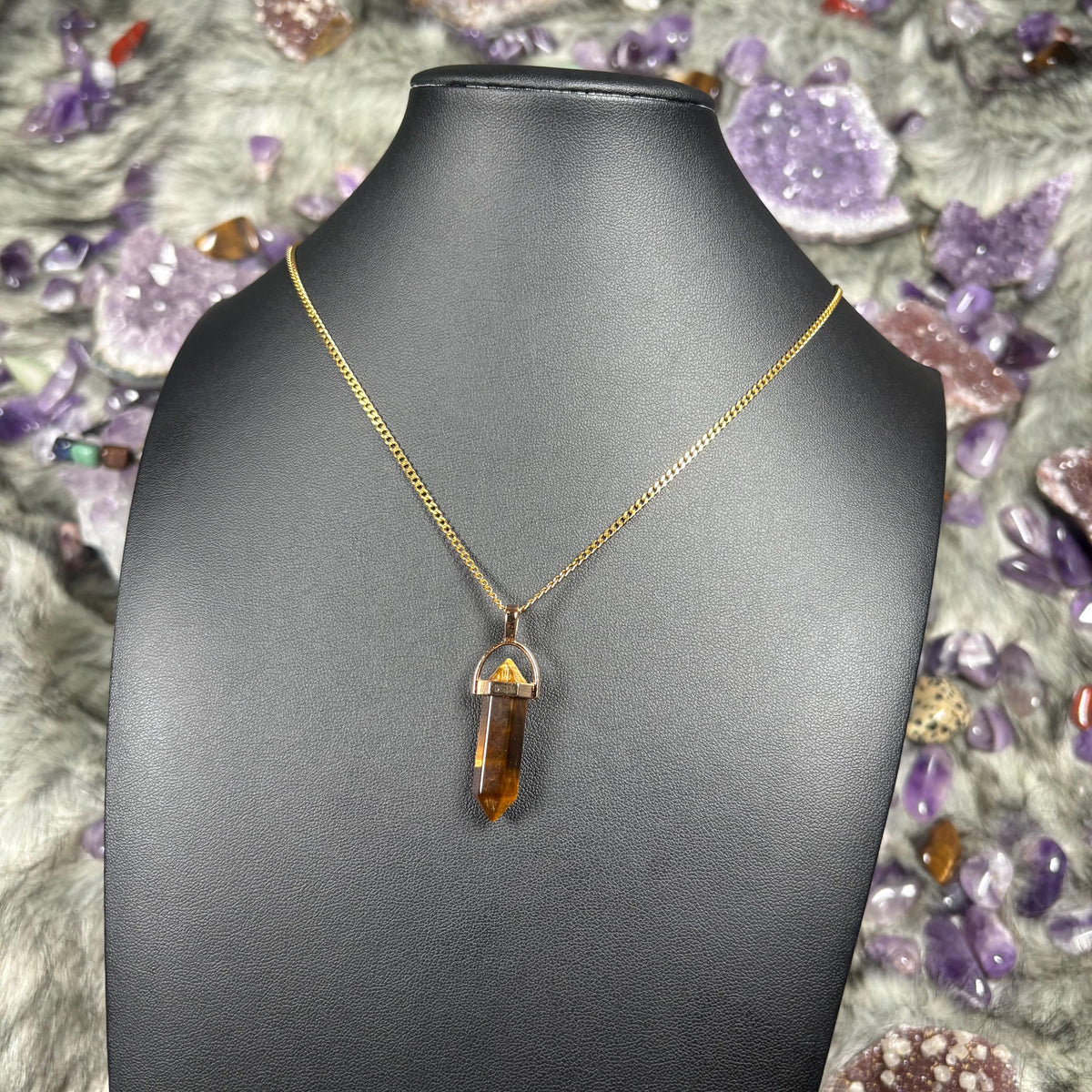 Tigers Eye Hexagonal Double-Terminated Gold Stainless Steel Chain Necklace
