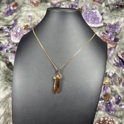 Tigers Eye Hexagonal Double-Terminated Gold Stainless Steel Chain Necklace