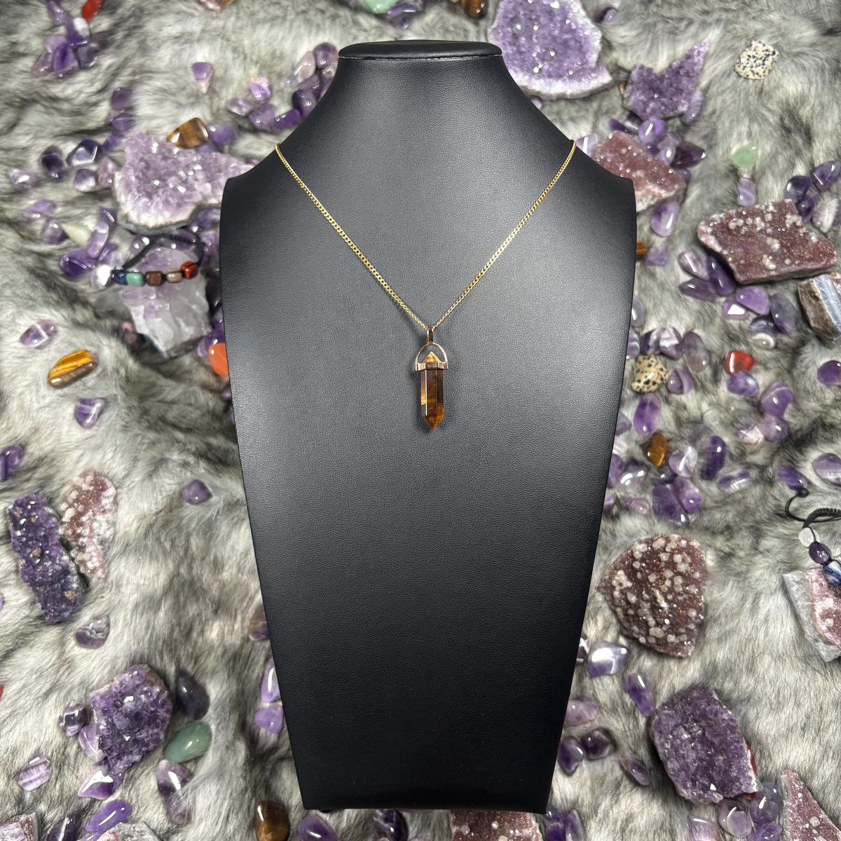 Tigers Eye Hexagonal Double-Terminated Gold Stainless Steel Chain Necklace