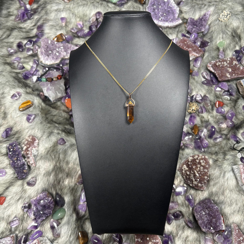 Tigers Eye Hexagonal Double-Terminated Gold Stainless Steel Chain Necklace