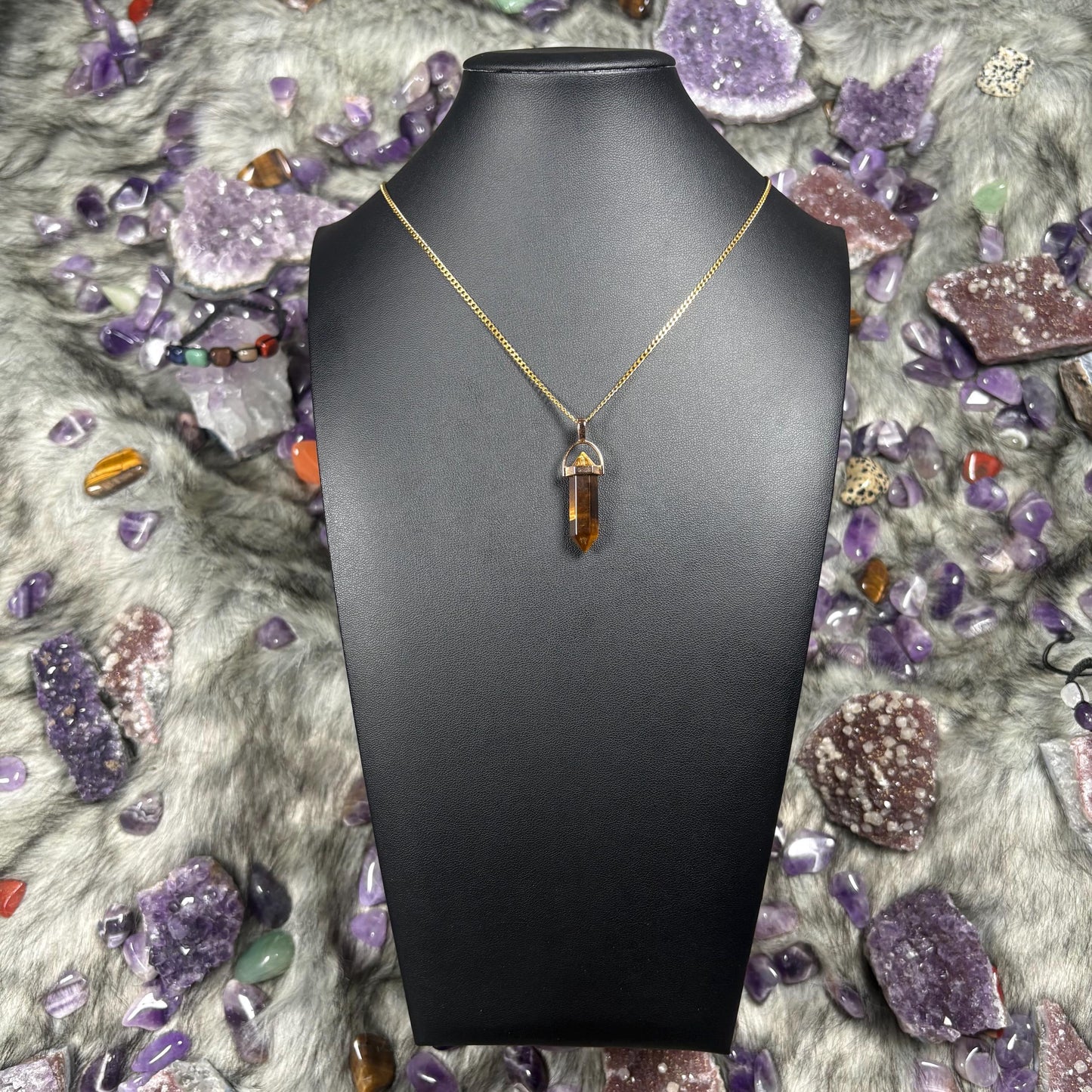 Tigers Eye Hexagonal Double-Terminated Gold Stainless Steel Chain Necklace