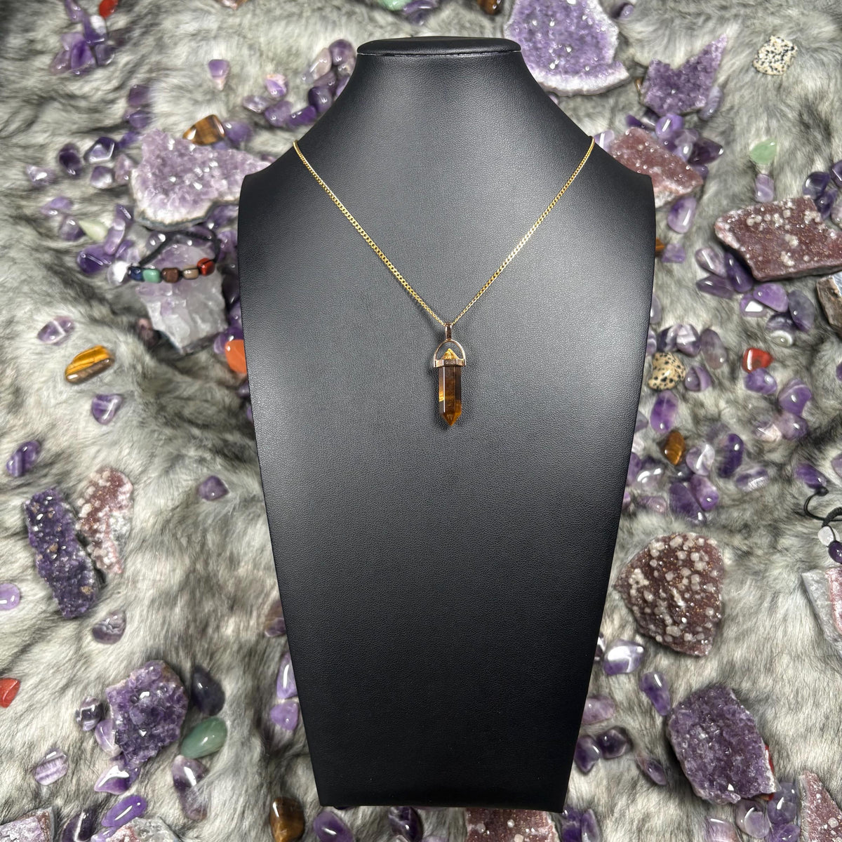 Tigers Eye Hexagonal Double-Terminated Gold Stainless Steel Chain Necklace
