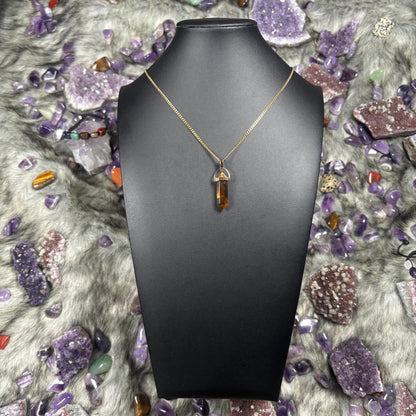 Tigers Eye Hexagonal Double-Terminated Gold Stainless Steel Chain Necklace
