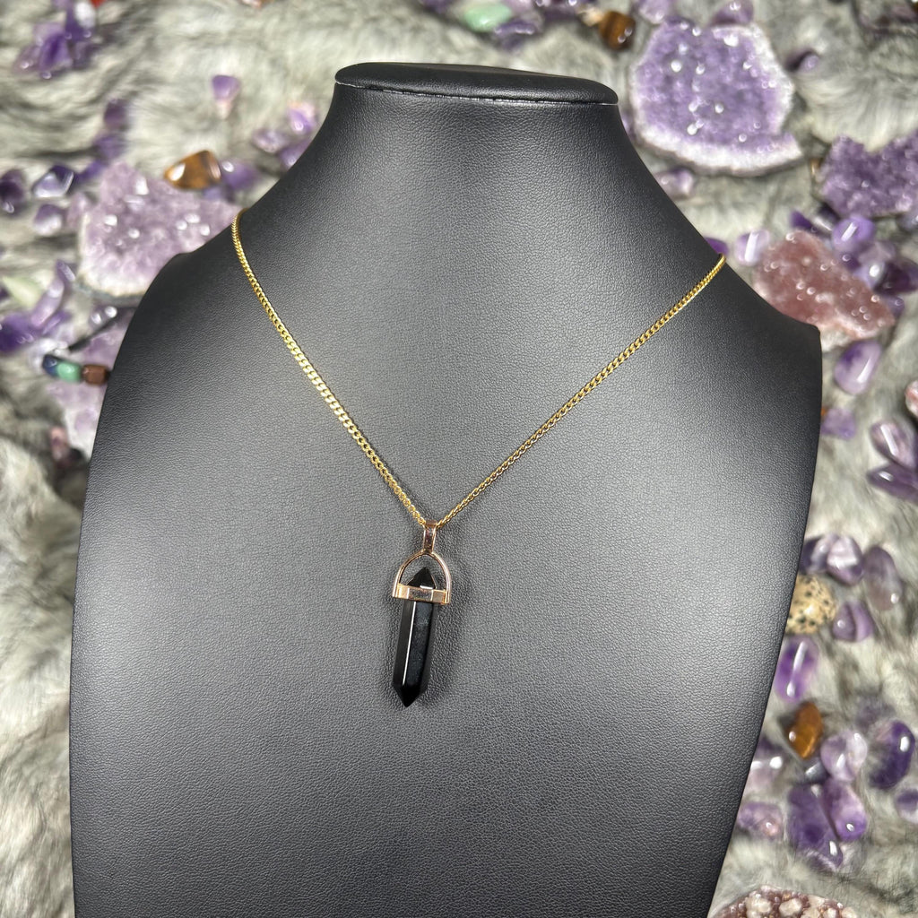 Onyx Crystal Hexagonal Double-Terminated Gold Stainless Steel Chain Necklace