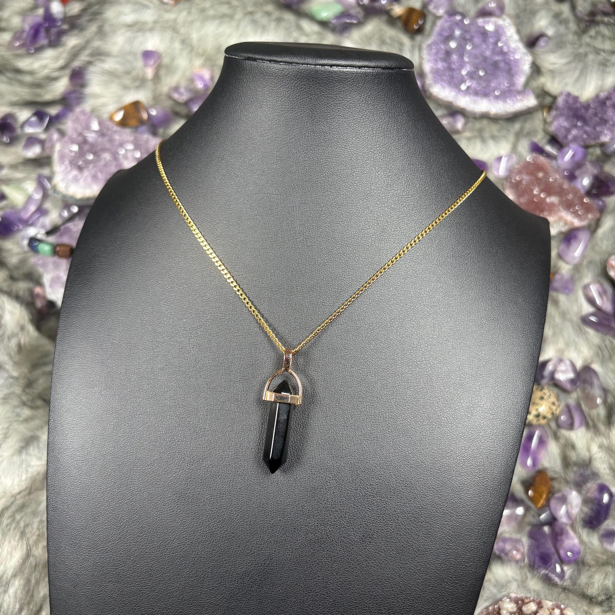 Onyx Crystal Hexagonal Double-Terminated Gold Stainless Steel Chain Necklace