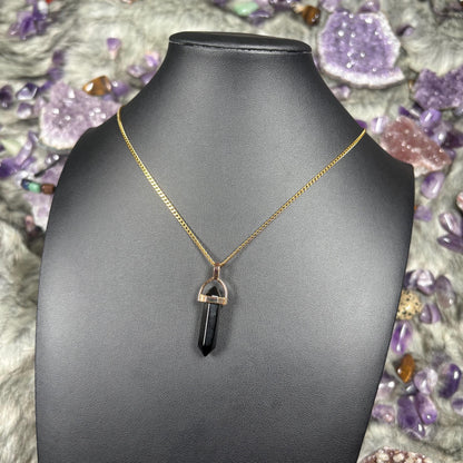 Onyx Crystal Hexagonal Double-Terminated Gold Stainless Steel Chain Necklace