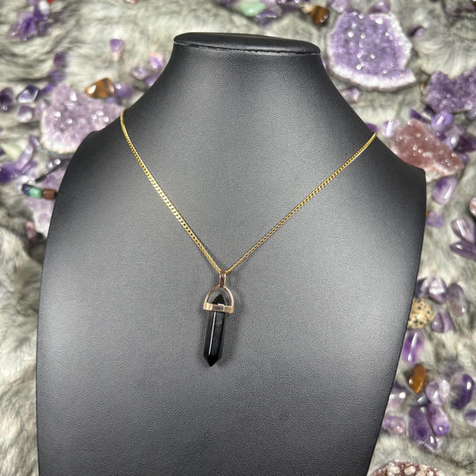Onyx Crystal Hexagonal Double-Terminated Gold Stainless Steel Chain Necklace
