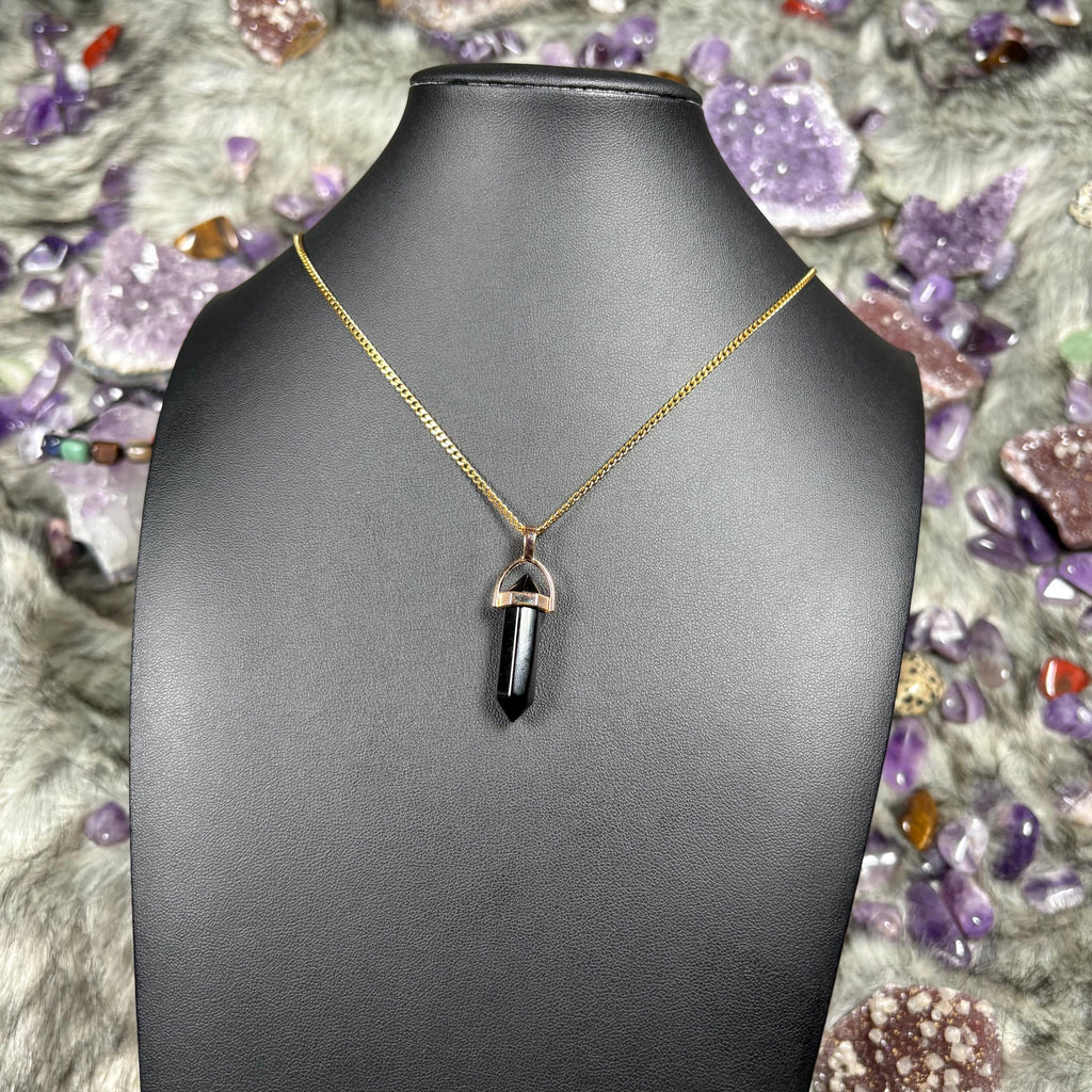 Onyx Crystal Hexagonal Double-Terminated Gold Stainless Steel Chain Necklace