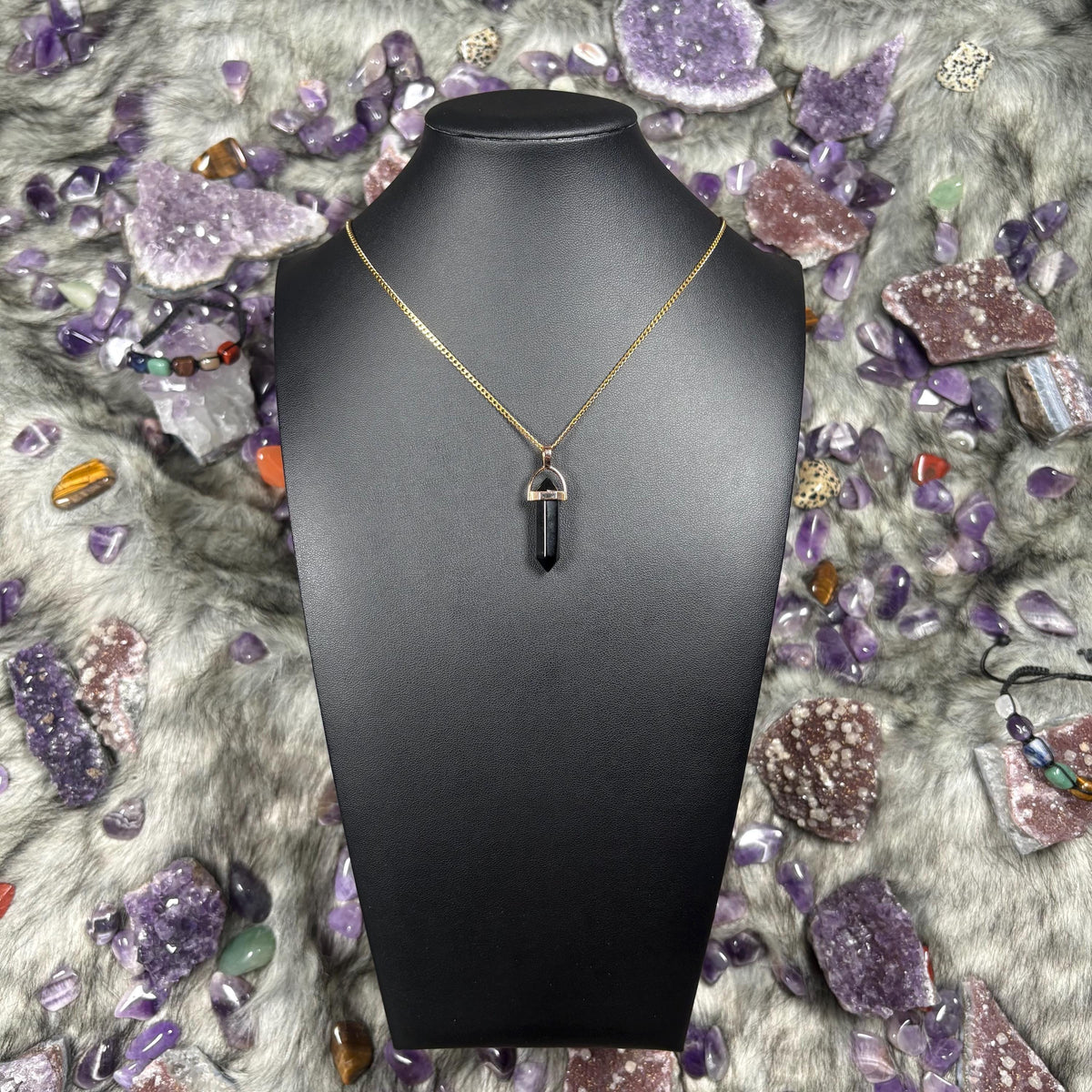 Onyx Crystal Hexagonal Double-Terminated Gold Stainless Steel Chain Necklace