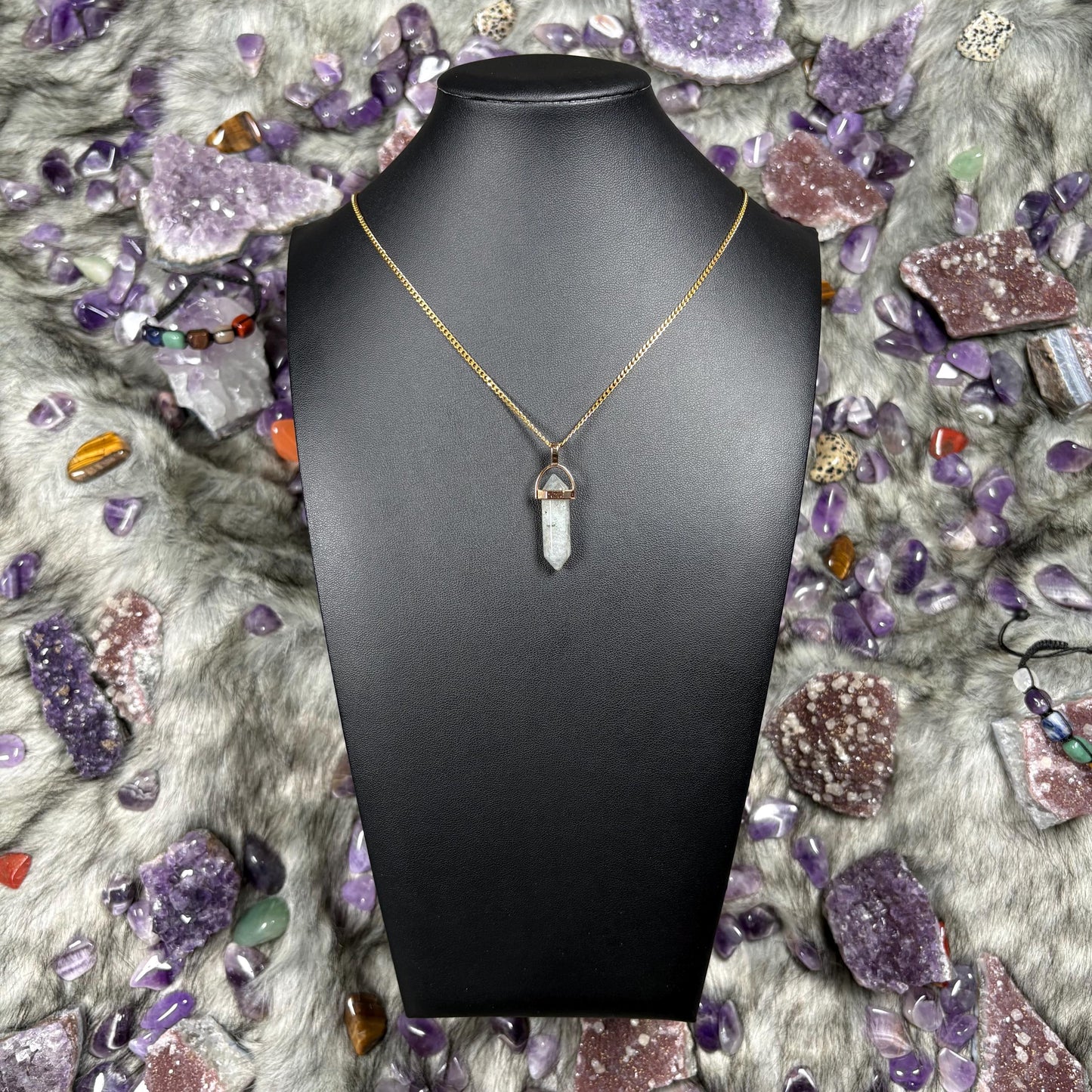 Labradorite Hexagonal Double-Terminated Gold Stainless Steel Chain Necklace
