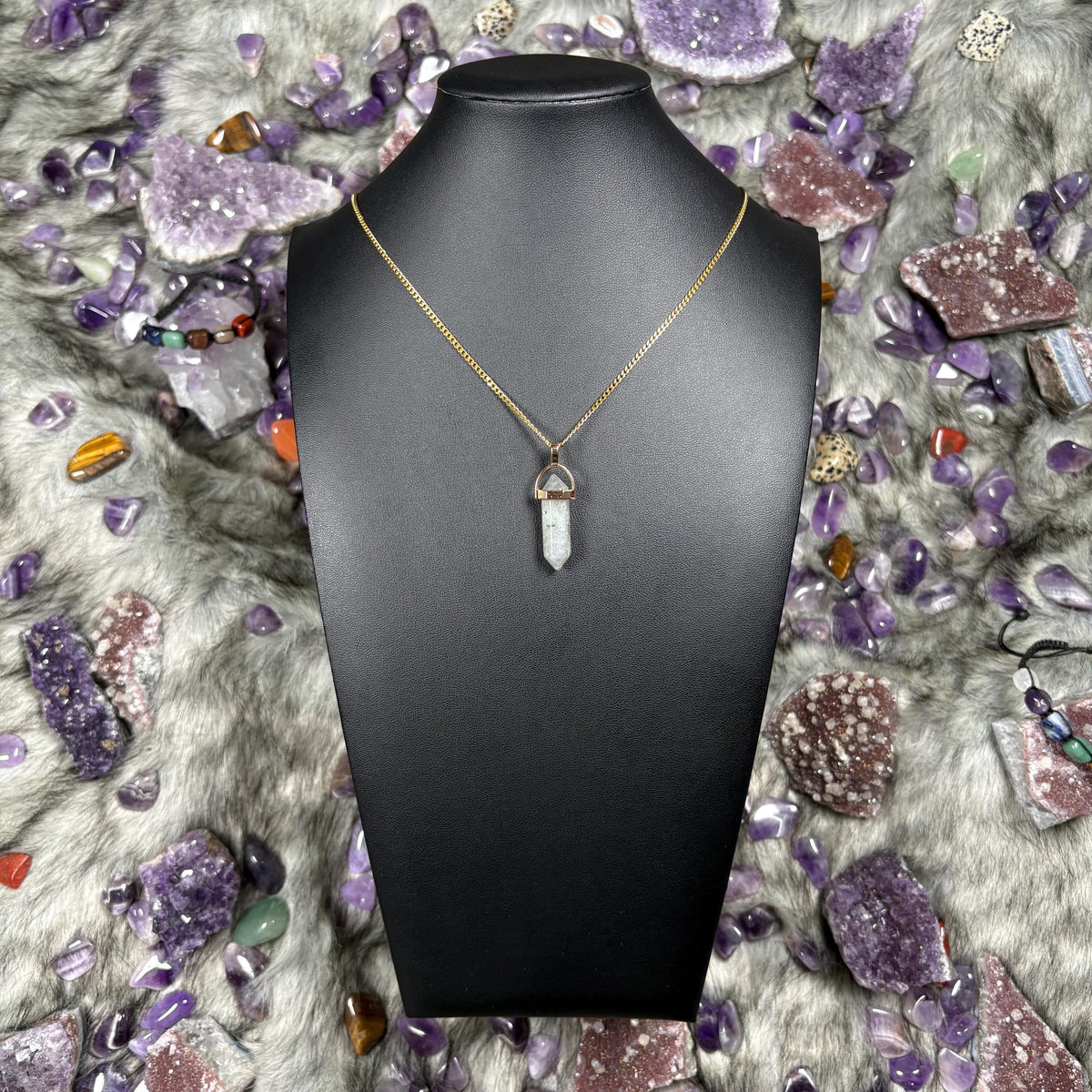 Labradorite Hexagonal Double-Terminated Gold Stainless Steel Chain Necklace