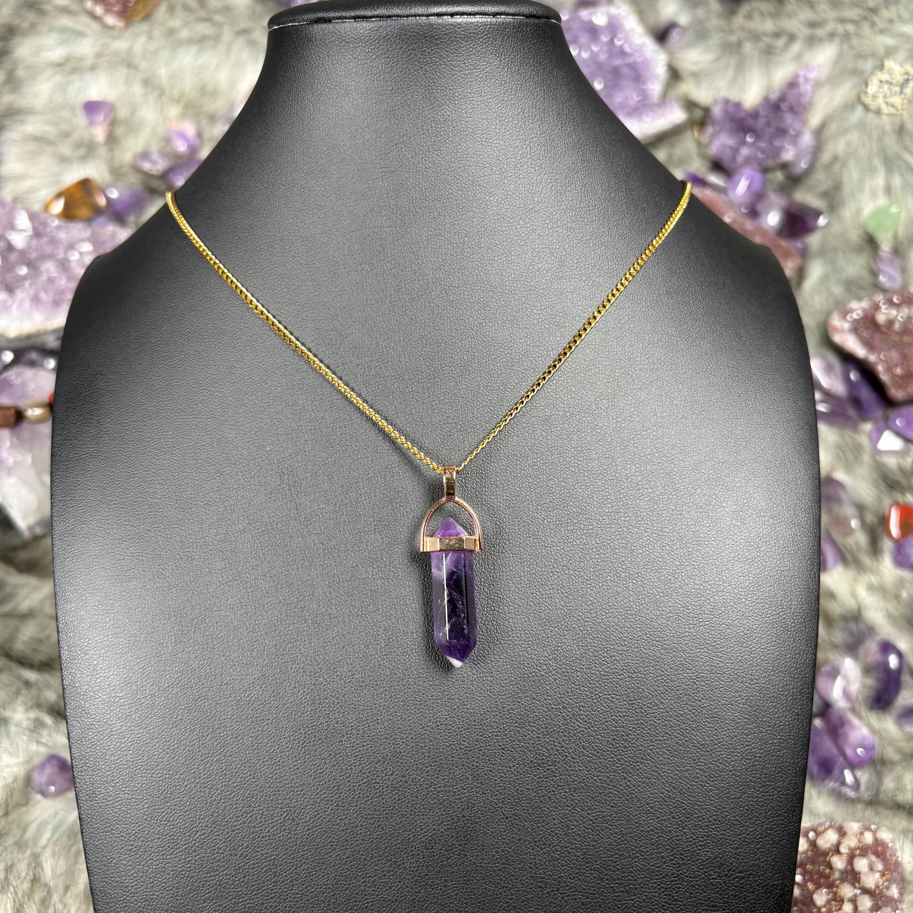 Amethyst Crystal Double Terminated Hexagon Gold Stainless Steel Chain Necklace
