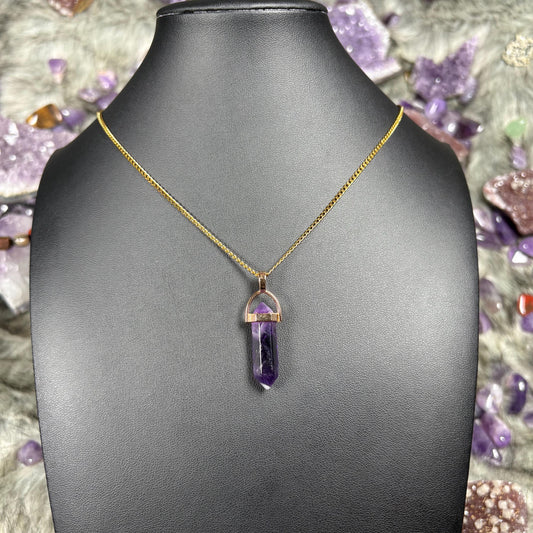 Amethyst Crystal Double Terminated Hexagon Gold Stainless Steel Chain Necklace