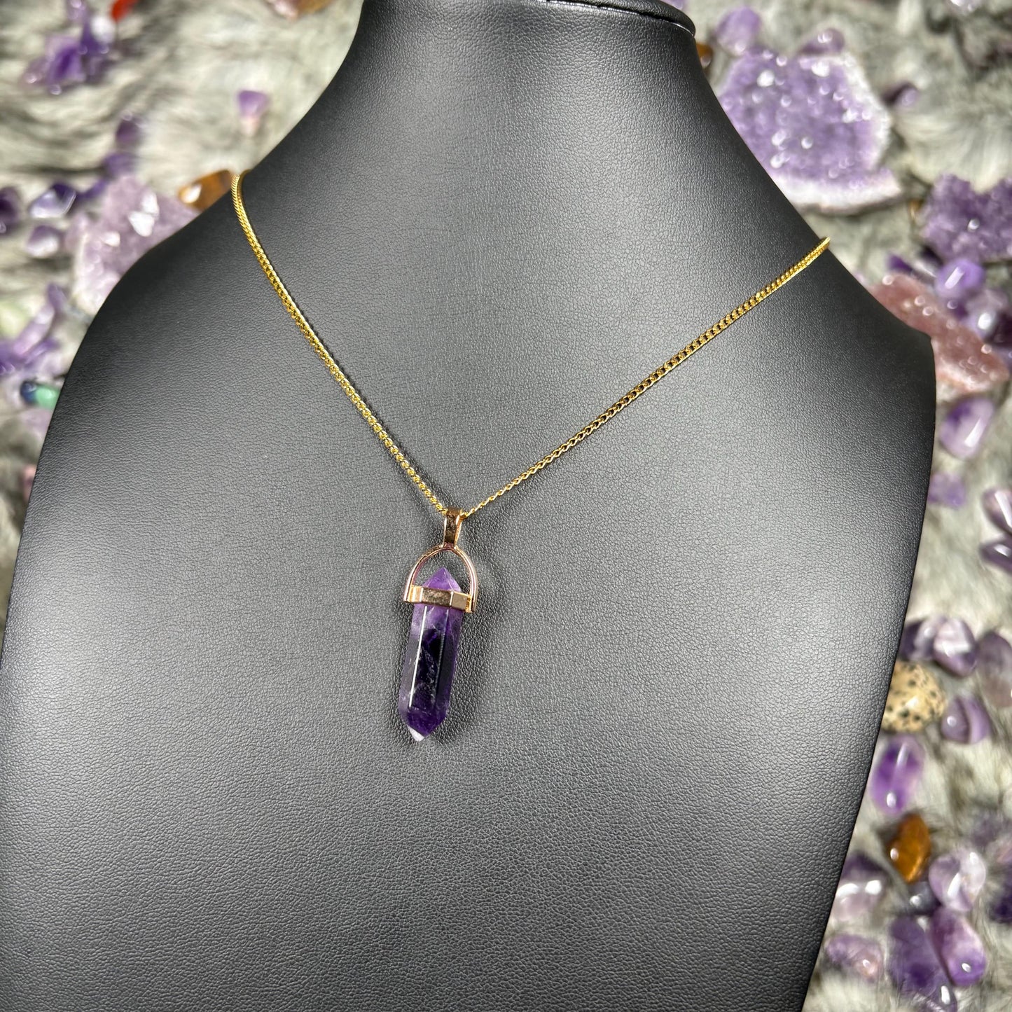 Amethyst Crystal Double Terminated Hexagon Gold Stainless Steel Chain Necklace