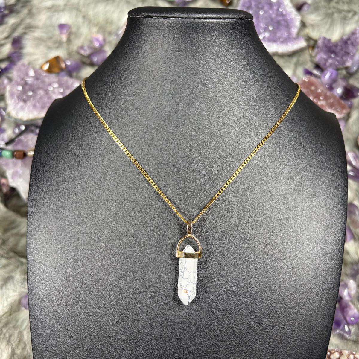 Clear Quartz Hexagonal Double-Terminated Gold Stainless Steel Chain Necklace