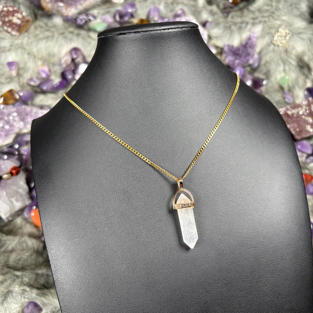 Clear Quartz Hexagonal Double-Terminated Gold Stainless Steel Chain Necklace