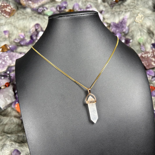 Clear Quartz Hexagonal Double-Terminated Gold Stainless Steel Chain Necklace