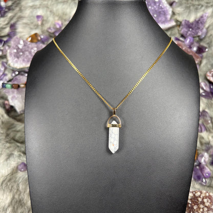 Clear Quartz Hexagonal Double-Terminated Gold Stainless Steel Chain Necklace