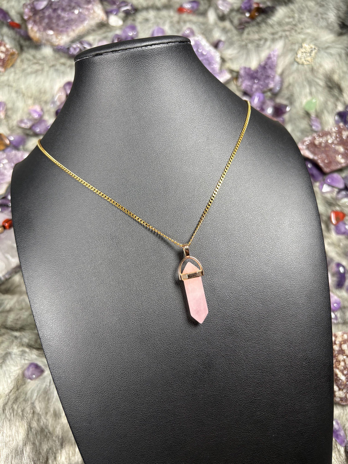 Rose Quartz Hexagonal Double-Terminated Gold Stainless Steel Chain Necklace