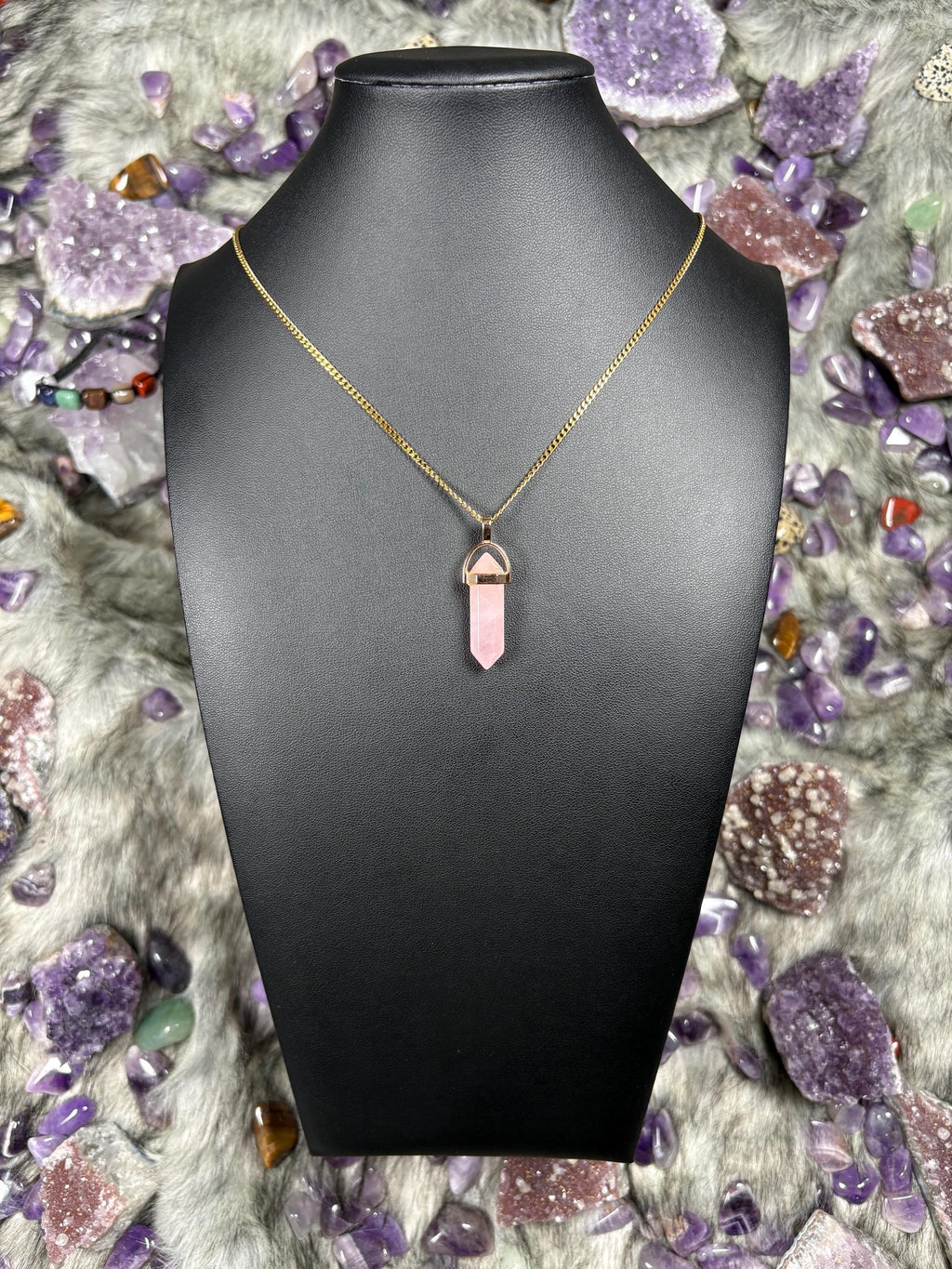 Rose Quartz Hexagonal Double-Terminated Gold Stainless Steel Chain Necklace