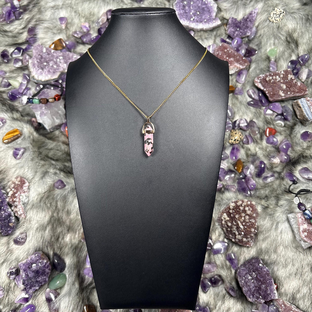 Rhodonite Hexagonal Double-Terminated Gold Stainless Steel Chain Necklace