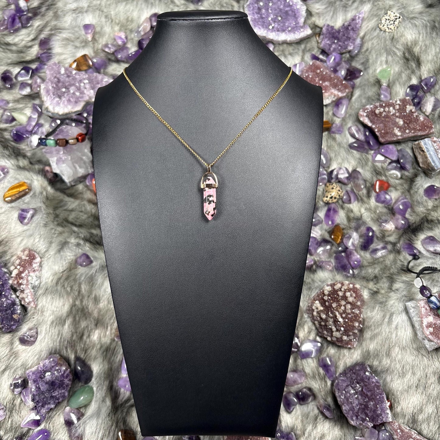 Rhodonite Hexagonal Double-Terminated Gold Stainless Steel Chain Necklace