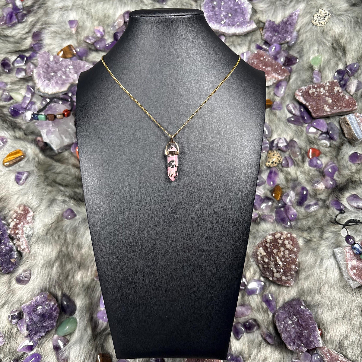 Rhodonite Hexagonal Double-Terminated Gold Stainless Steel Chain Necklace