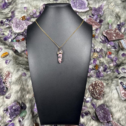 Rhodonite Hexagonal Double-Terminated Gold Stainless Steel Chain Necklace
