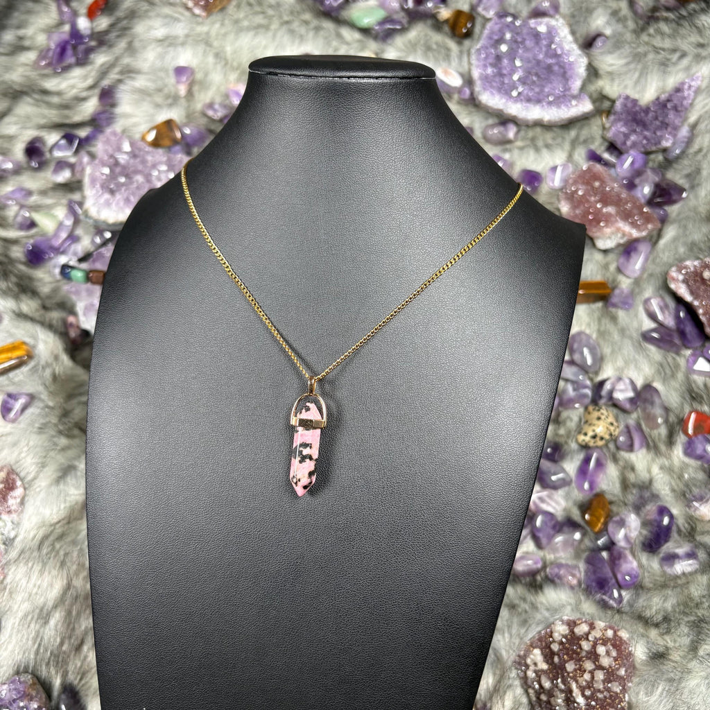 Rhodonite Hexagonal Double-Terminated Gold Stainless Steel Chain Necklace
