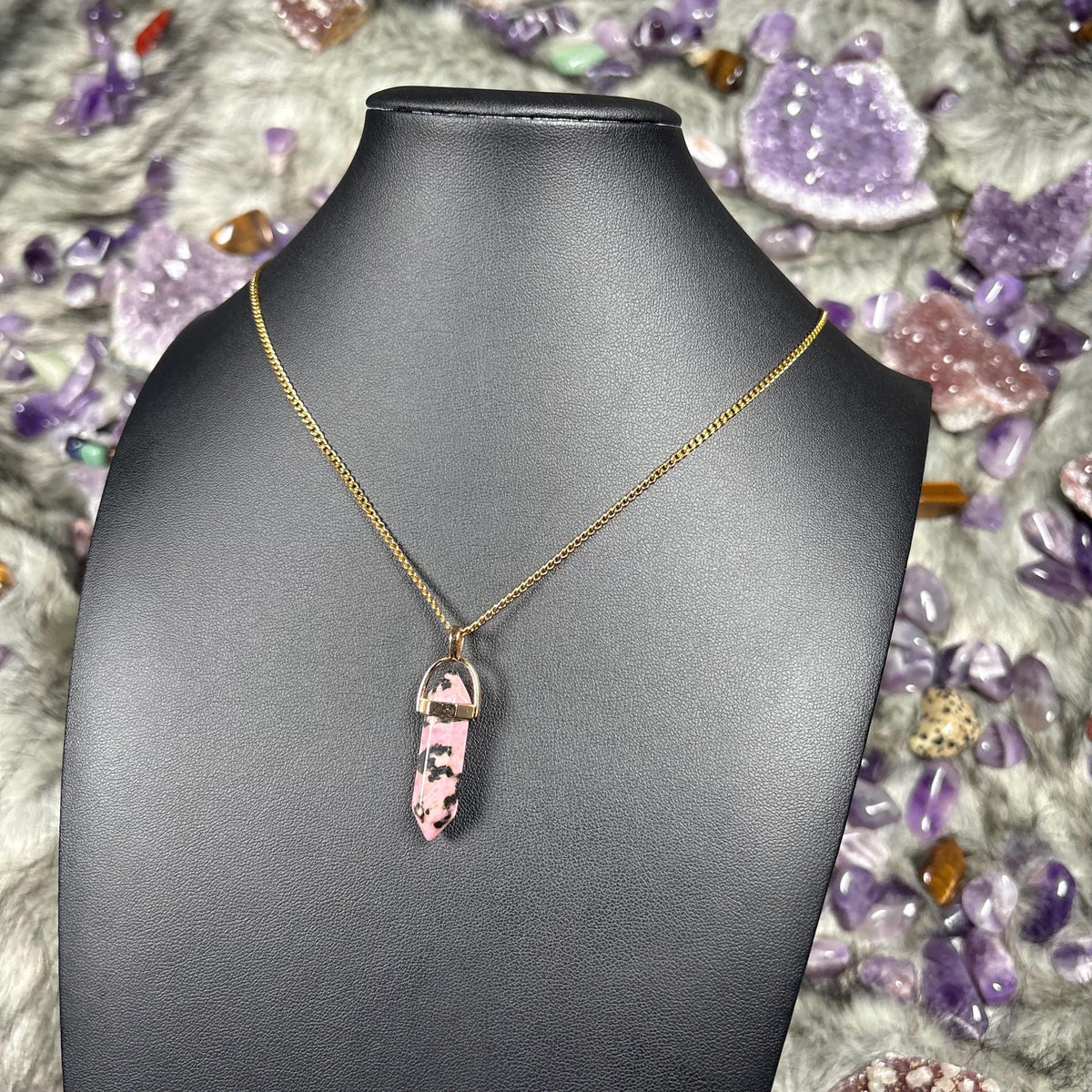 Rhodonite Hexagonal Double-Terminated Gold Stainless Steel Chain Necklace