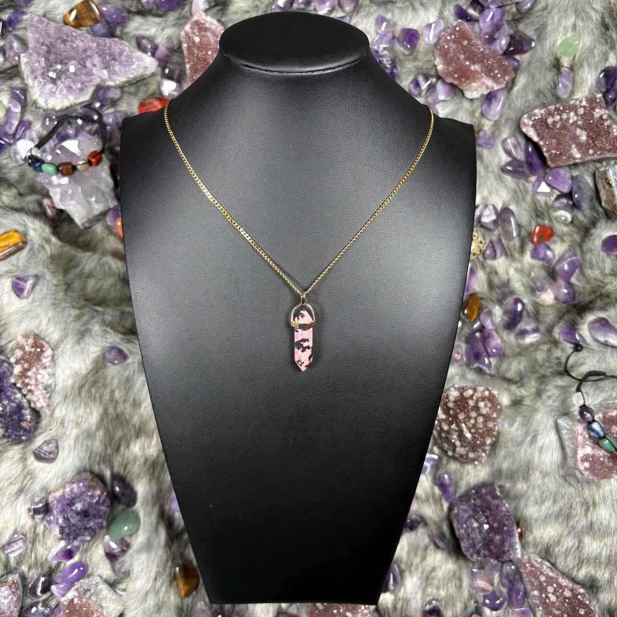 Rhodonite Hexagonal Double-Terminated Gold Stainless Steel Chain Necklace