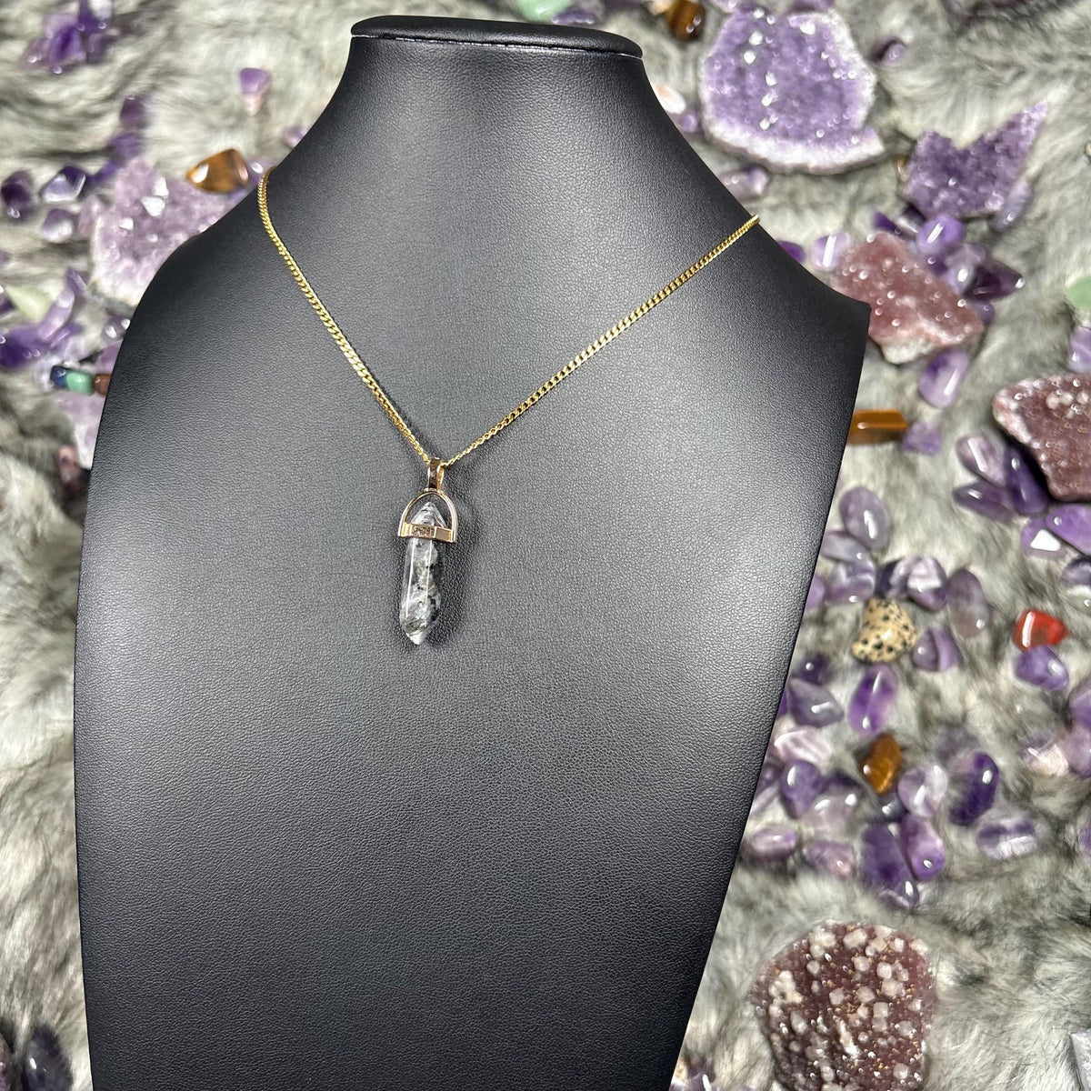 Larvikite Hexagonal Double-Terminated Gold Stainless Steel Chain Necklace