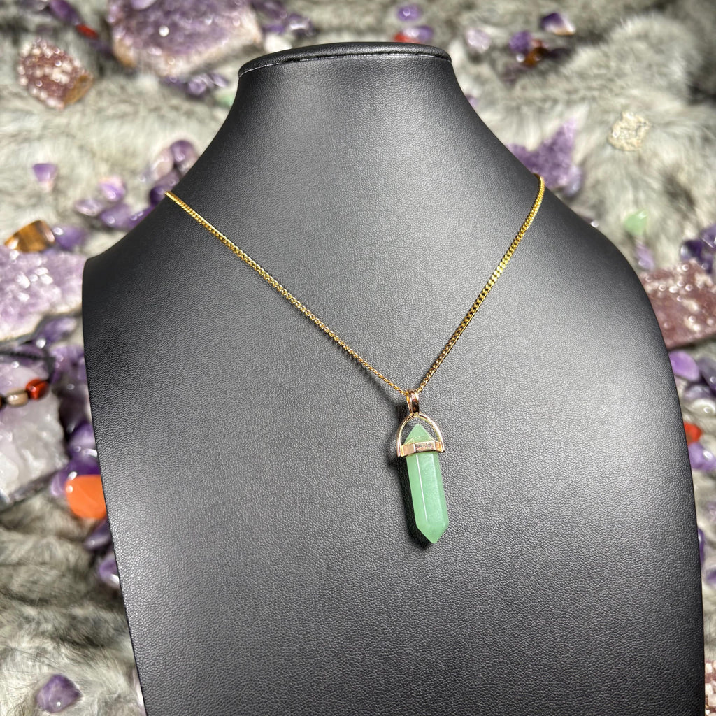 Green Aventurine Hexagonal Double-Terminated Gold Stainless Steel Chain Necklace