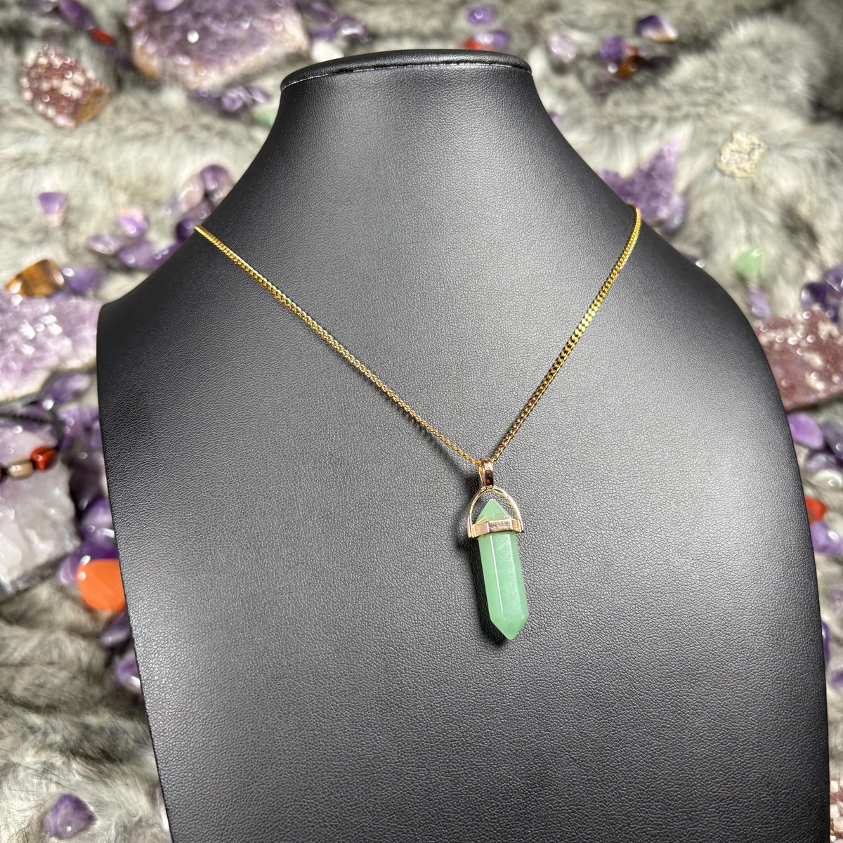 Green Aventurine Hexagonal Double-Terminated Gold Stainless Steel Chain Necklace