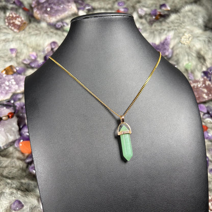 Green Aventurine Hexagonal Double-Terminated Gold Stainless Steel Chain Necklace
