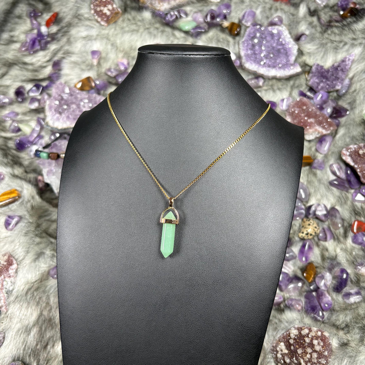 Green Aventurine Hexagonal Double-Terminated Gold Stainless Steel Chain Necklace